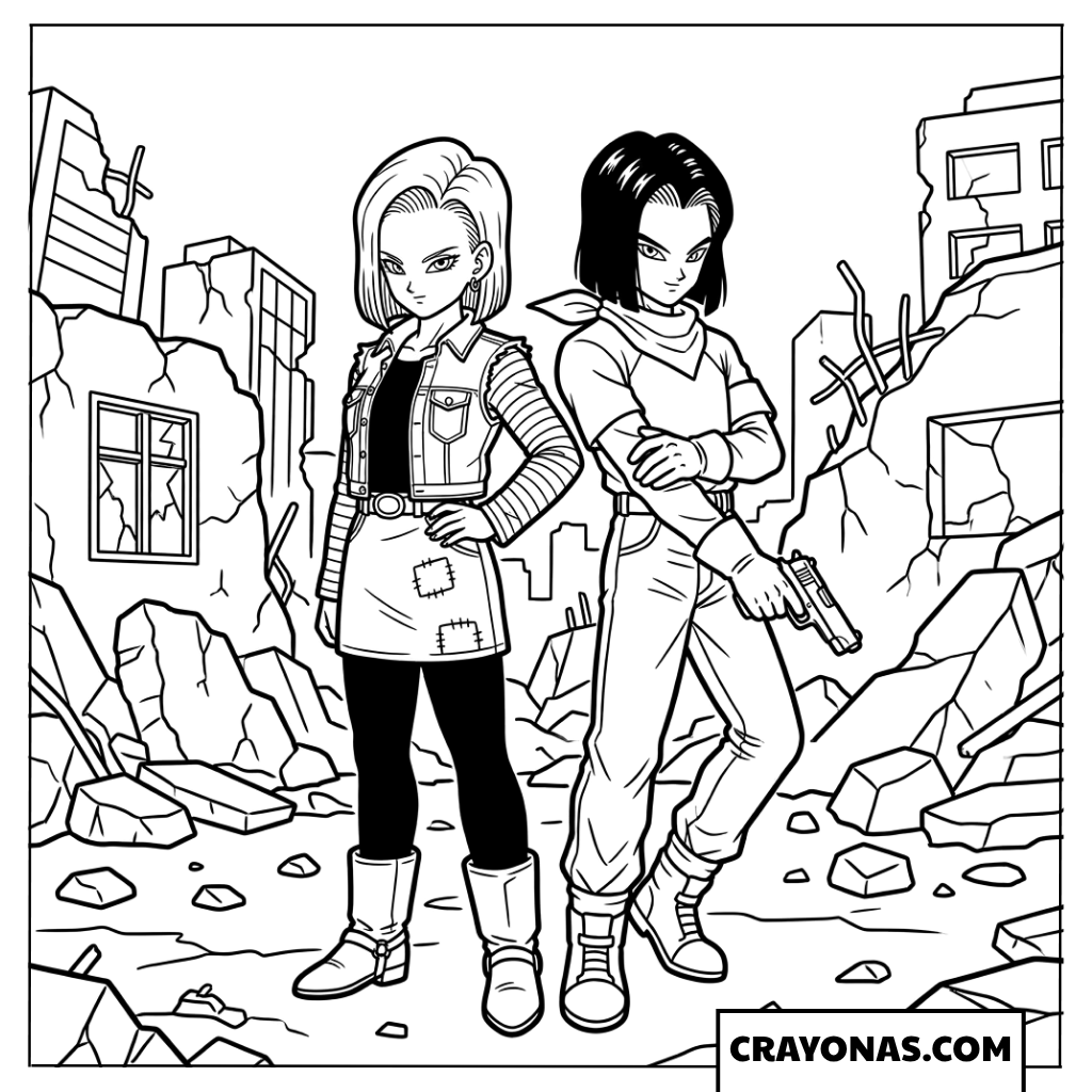 Android 17 and Android 18 in Destroyed Future City Coloring Page