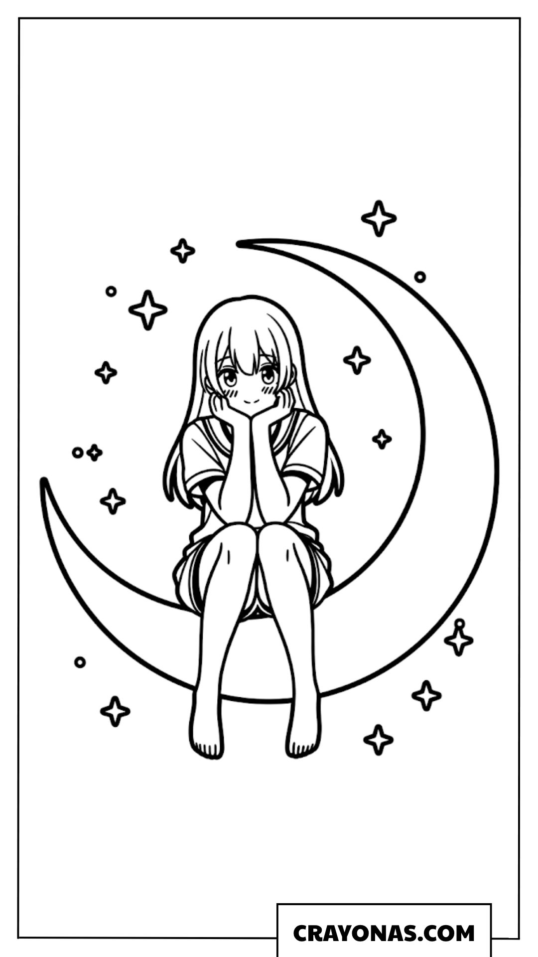 Anime Girl Sitting on the Moon Coloring Page