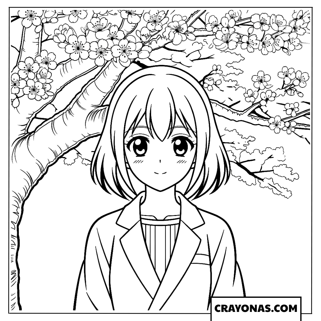 Anime Girl Under Cherry Blossom Tree Coloring Page