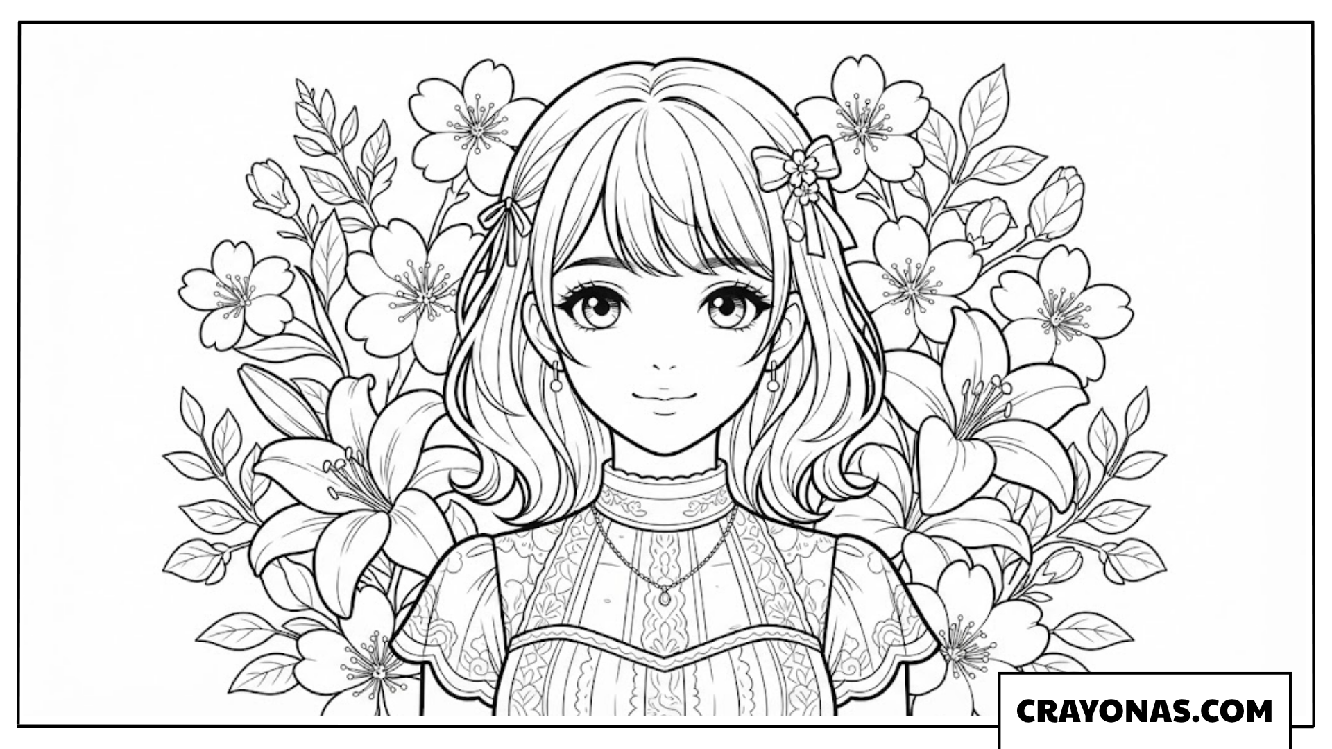 Anime Girl with Floral Background Coloring Page
