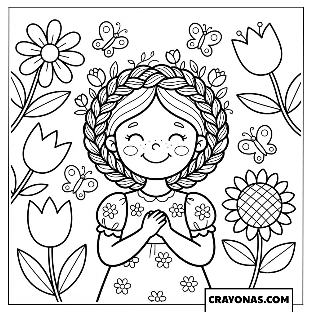 Anime Girl with Flower Crown and Braided Hair Coloring Page