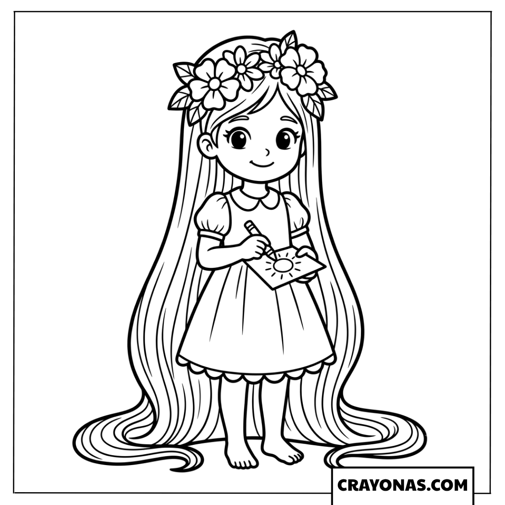 Anime Girl with Flower Crown and Long Hair Coloring Page