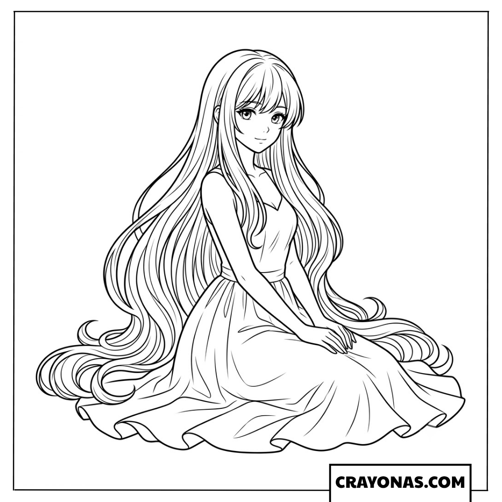 Anime Girl with Flowing Long Hair Coloring Page