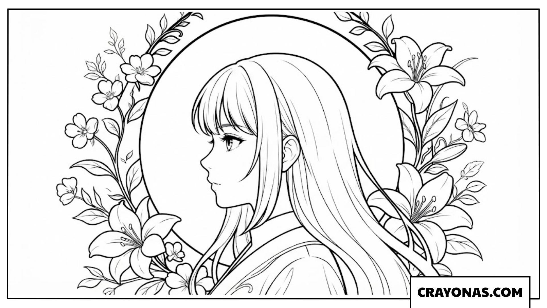 Anime Girl with Lily Flowers Portrait Coloring Page