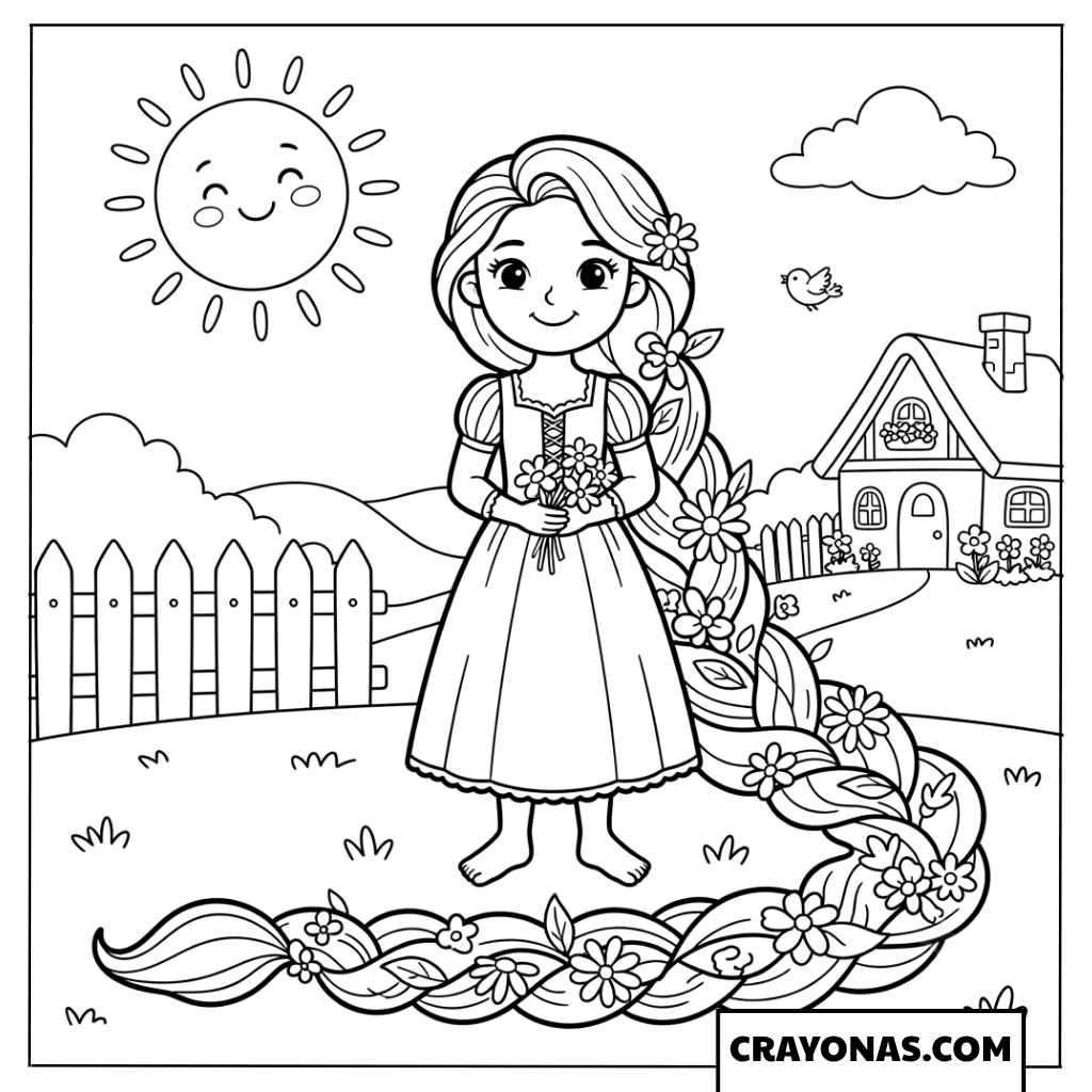 Anime Girl with Long Braided Hair in Garden Coloring Page