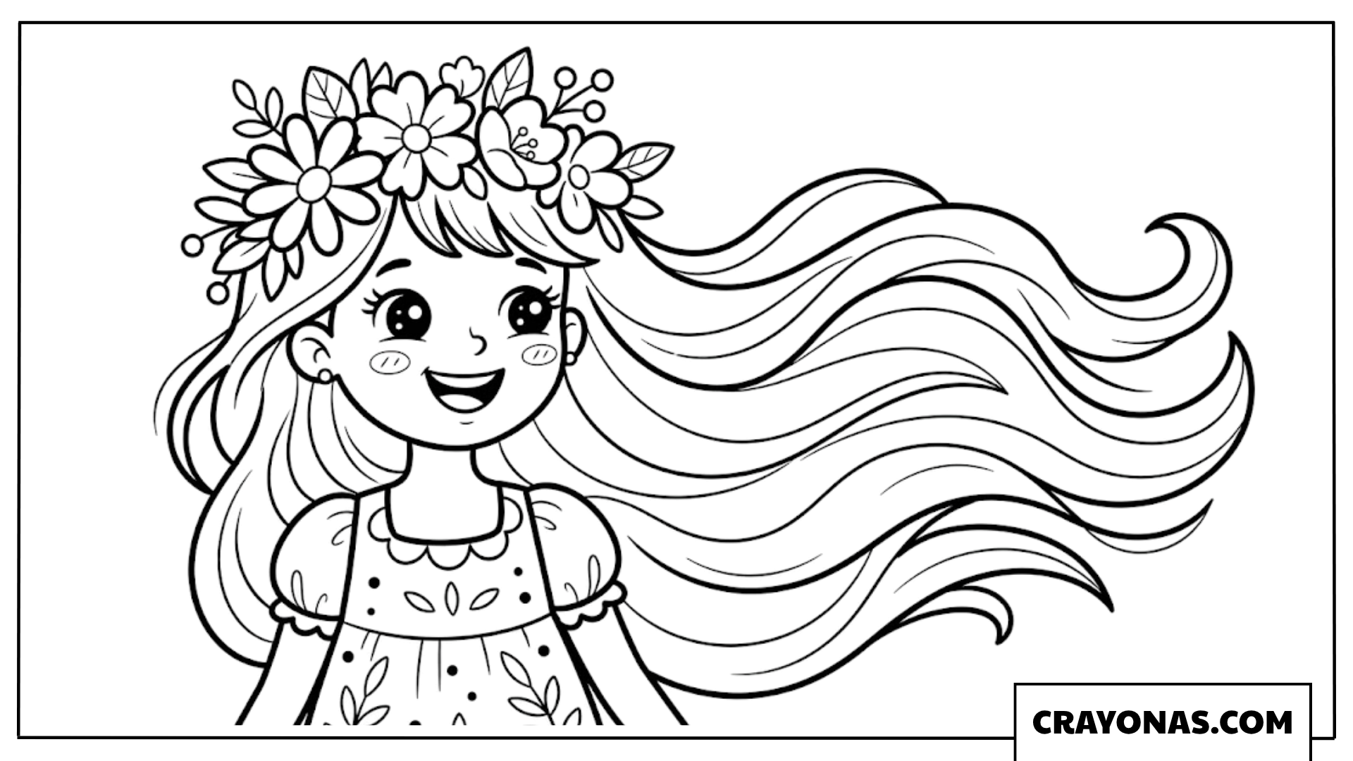 Anime Girl with Long Wavy Hair and Flower Crown Coloring Page