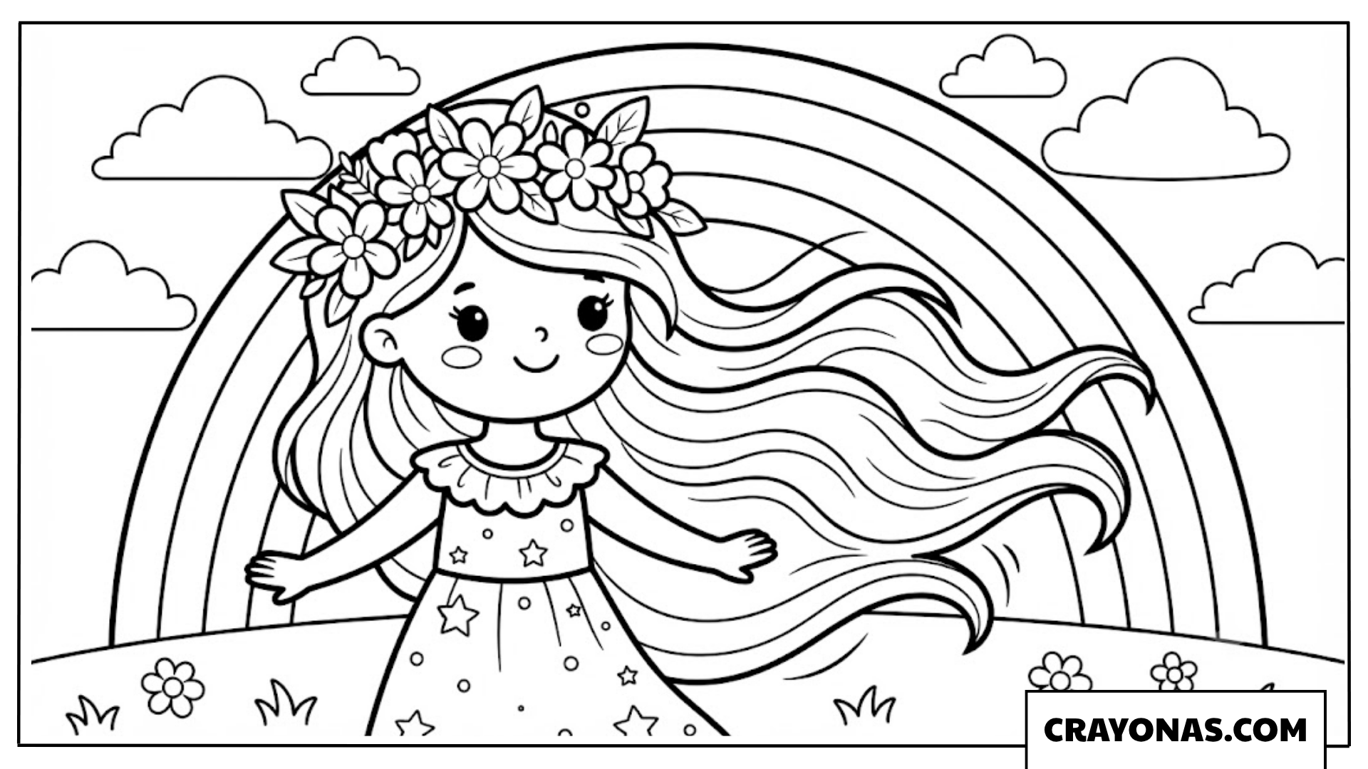 Anime Girl with Long Wavy Hair and Rainbow Coloring Page
