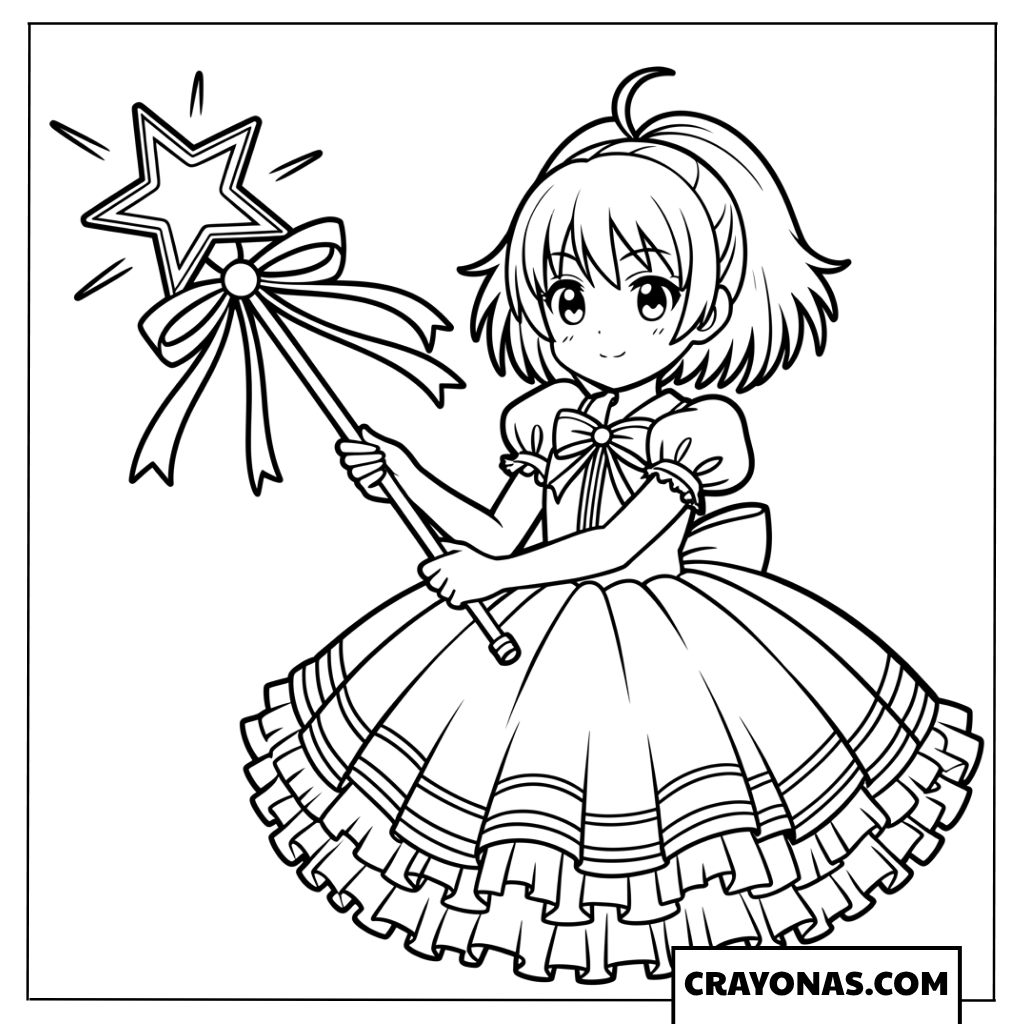 Anime Girl with Magic Wand Coloring Page