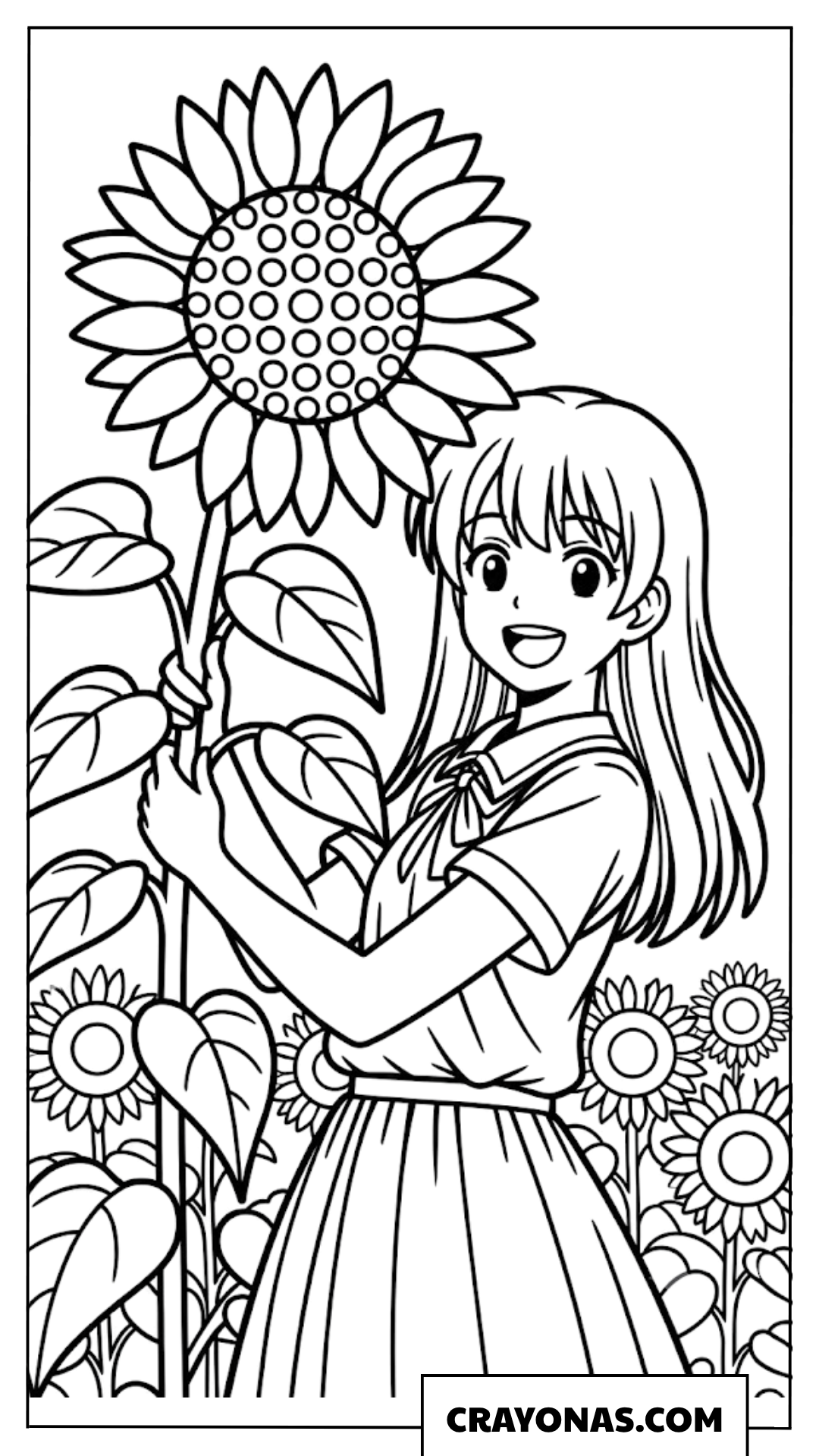 Anime Girl with Sunflowers Coloring Page