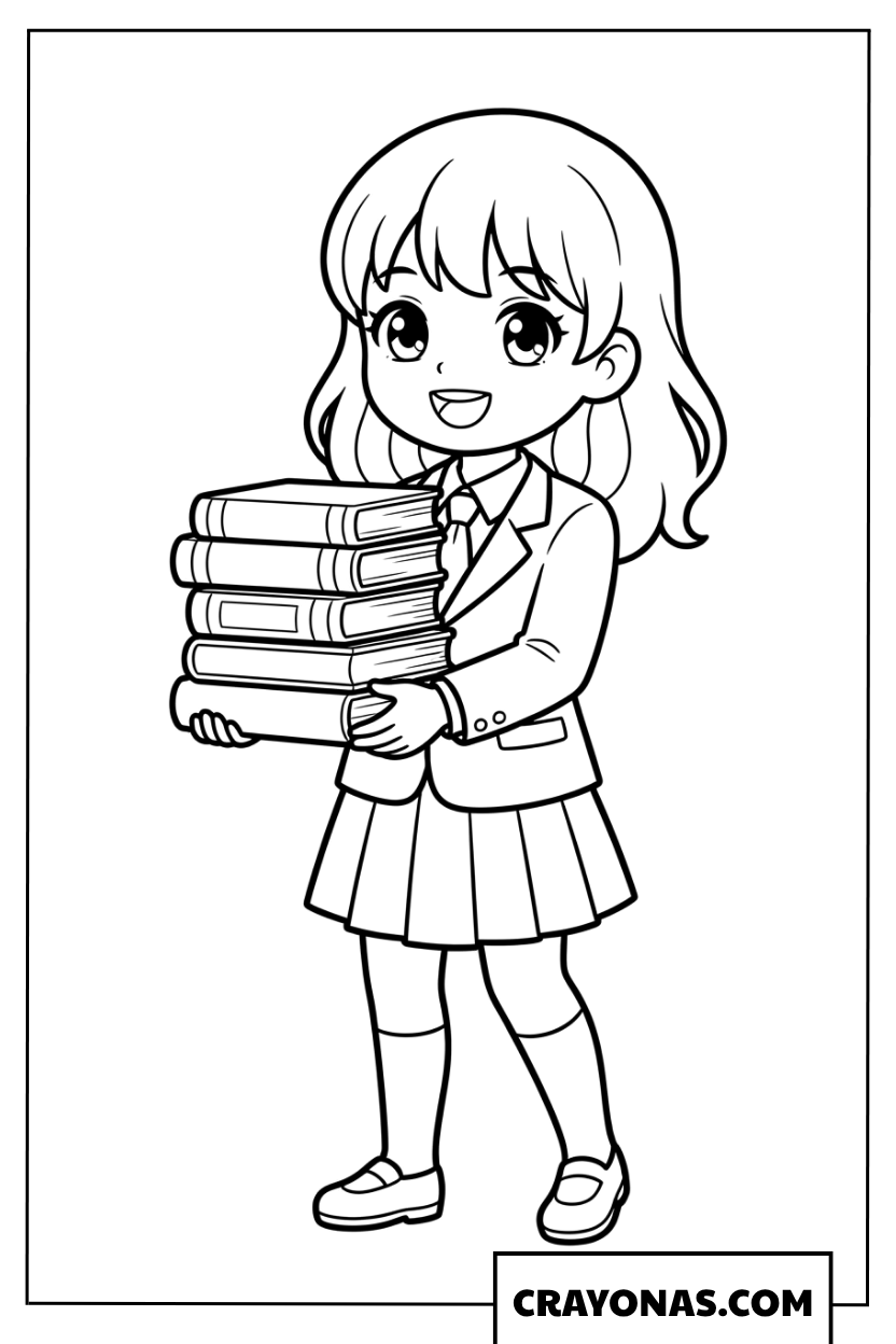Anime School Girl Carrying Books Coloring Page