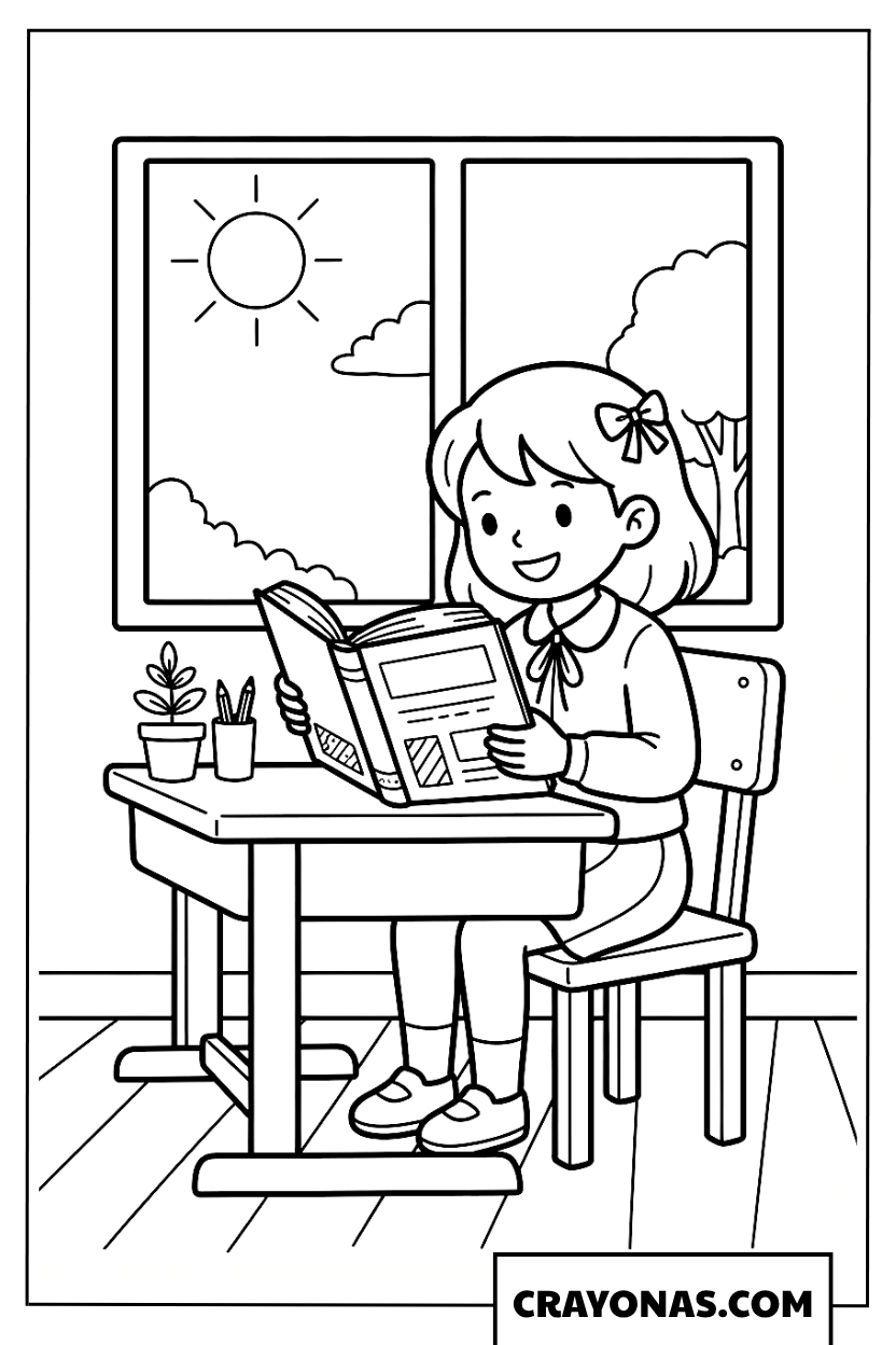Anime School Girl Reading at Desk Coloring Page