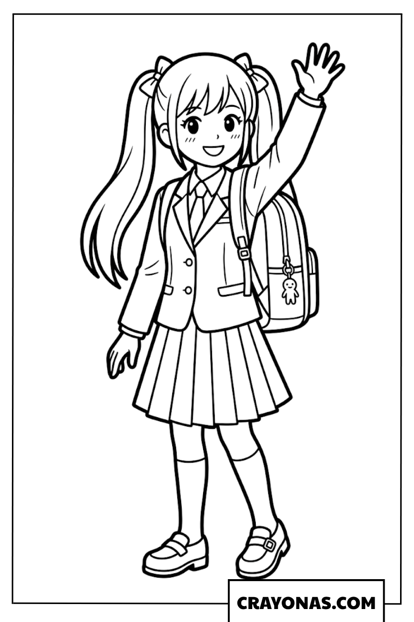 Anime School Girl Waving Coloring Page