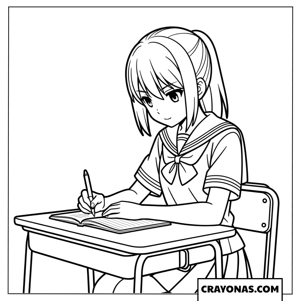 Anime School Girl Writing Coloring Page