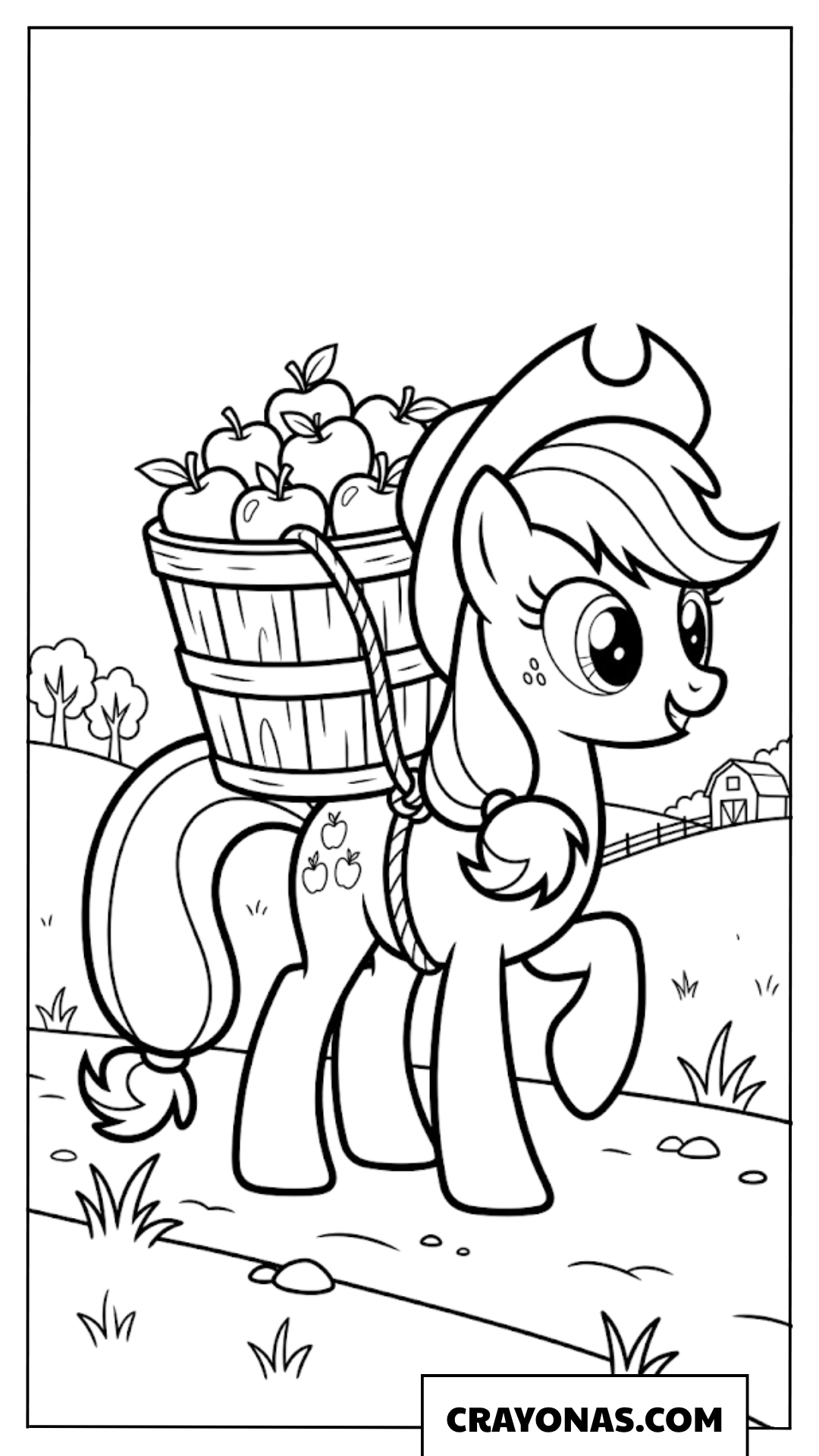 Applejack Carrying Heavy Wooden Basket Full of Ripe Apples Coloring Page