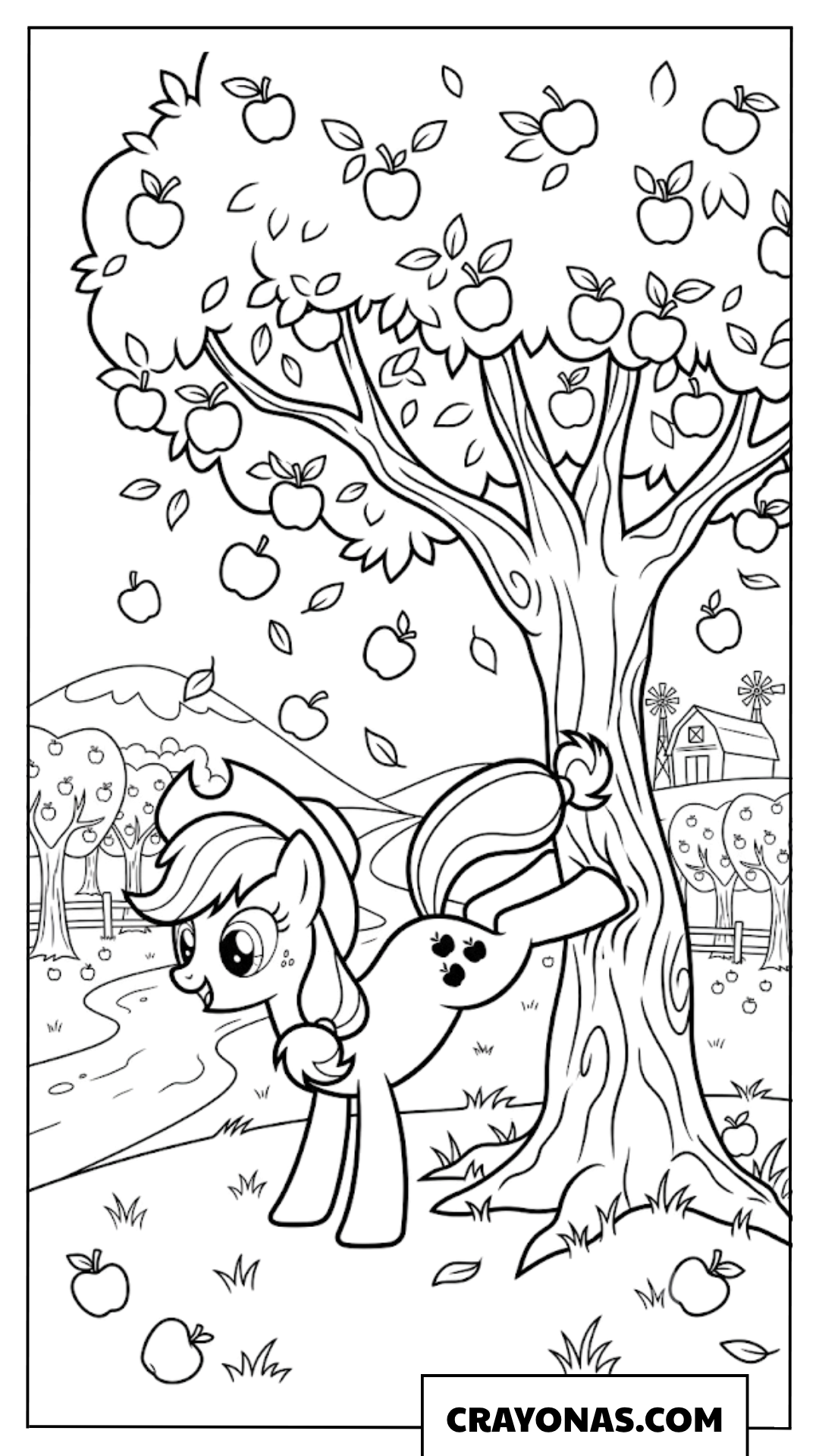 Applejack Kicking Big Apple Tree for Harvest at Sweet Apple Acres Coloring Page