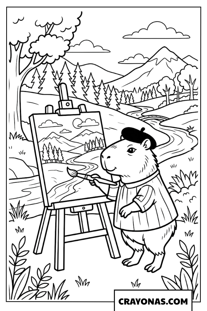 Artist Capybara Painting Beautiful Landscape Coloring Page