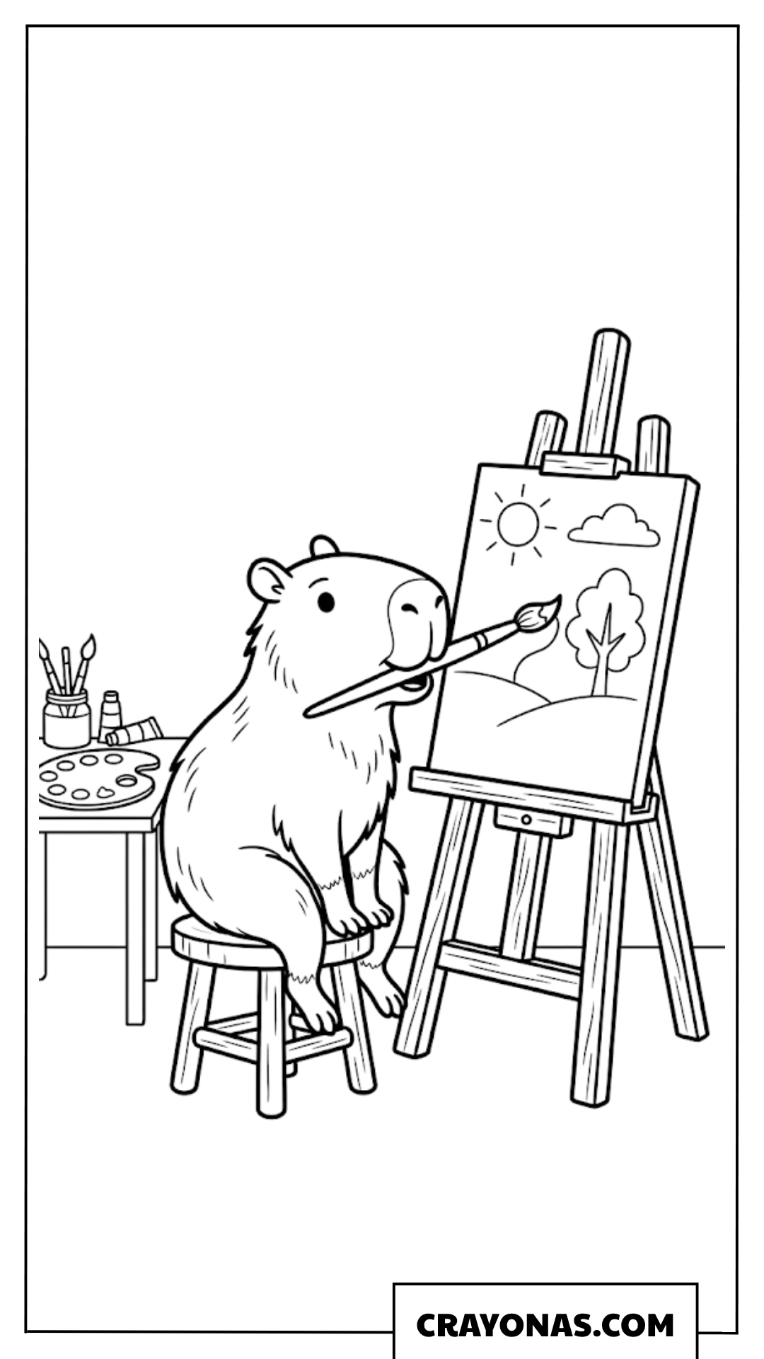 Artist Capybara Painting on a Canvas Easel Coloring Page