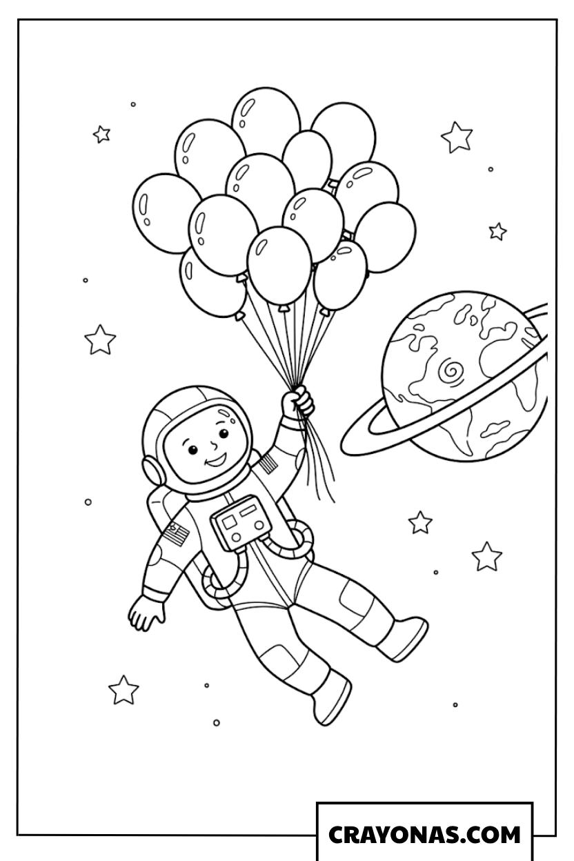 Astronaut with Balloons Coloring Page
