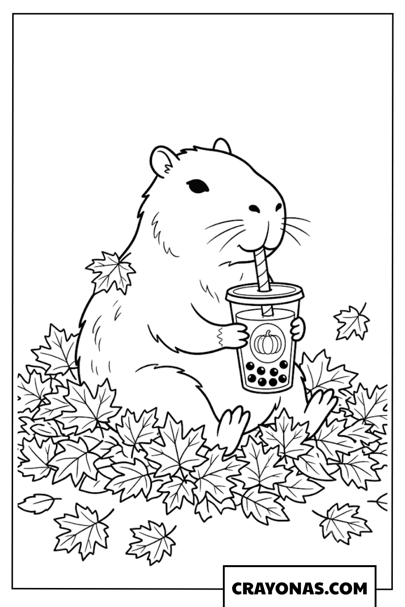 Autumn Capybara Sitting in Autumn Leaves with Boba Coloring Page