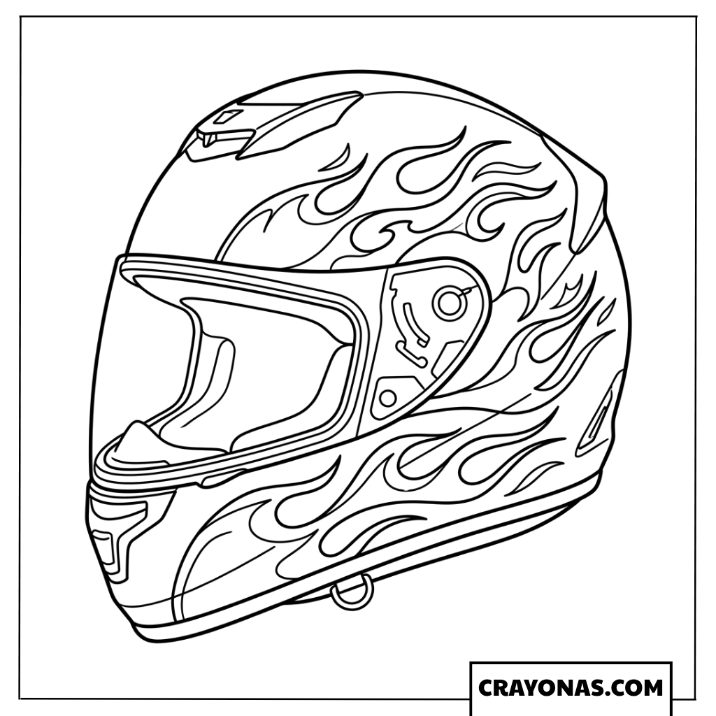 Awesome Motorcycle Racing Helmet with Flame Design Coloring Page