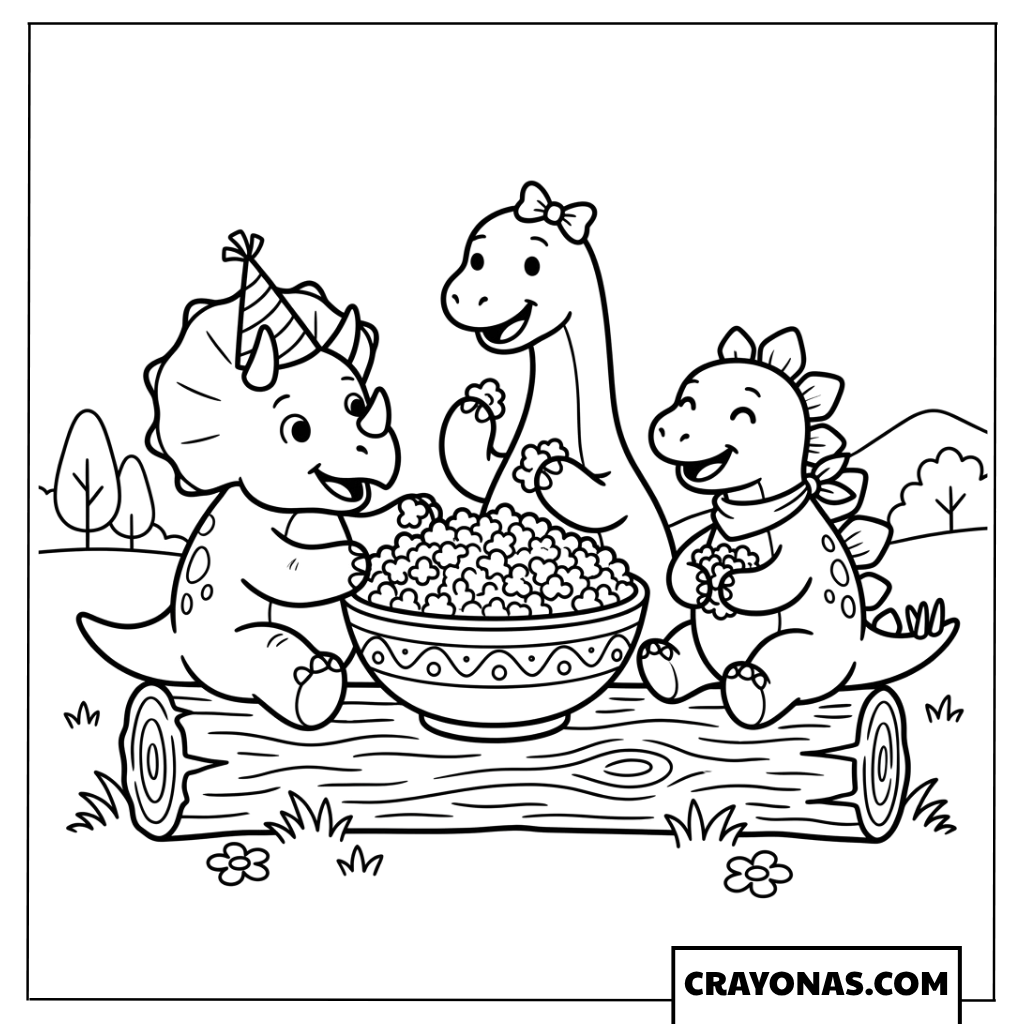 Baby Dinosaurs Having a Birthday Popcorn Party on a Log Coloring Page