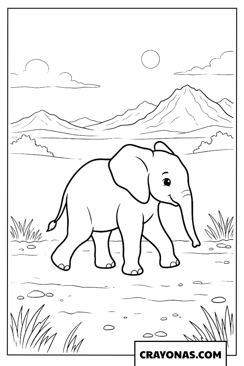 Baby Elephant Walking in Grassland Coloring Page