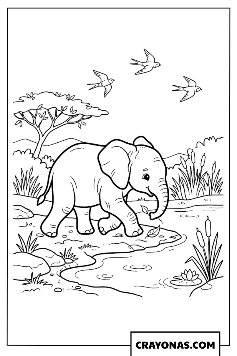 Baby Elephant by the River Coloring Page