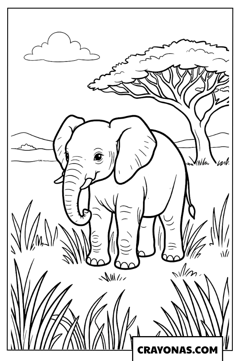 Baby Elephant in Savanna Coloring Page