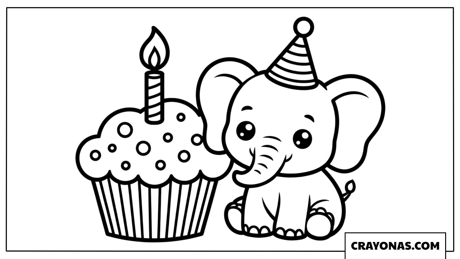 Baby Elephant with Birthday Cupcake Coloring Page