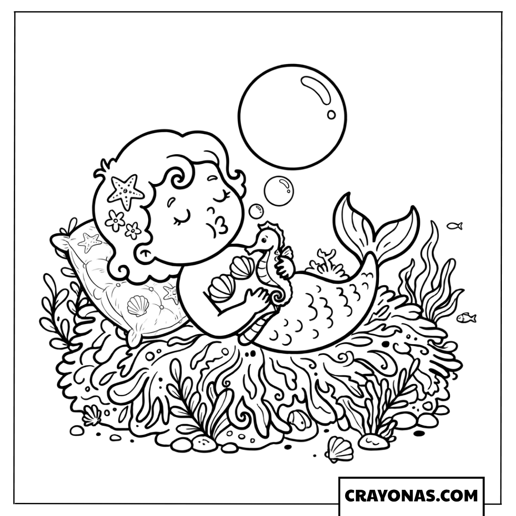 Baby Mermaid Blowing Bubbles Coloring Page