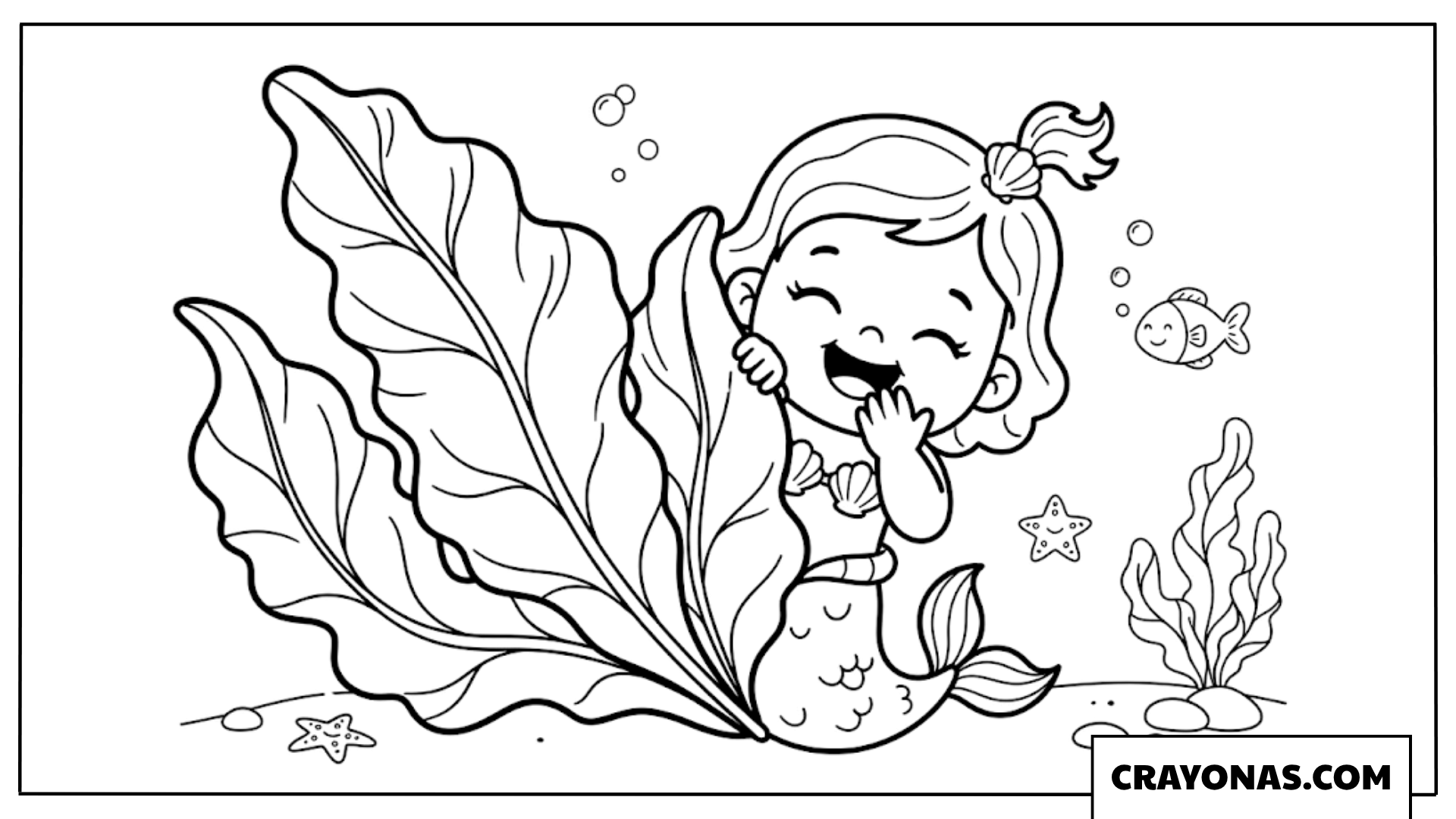 Baby Mermaid Hiding Behind Leaf Coloring Page