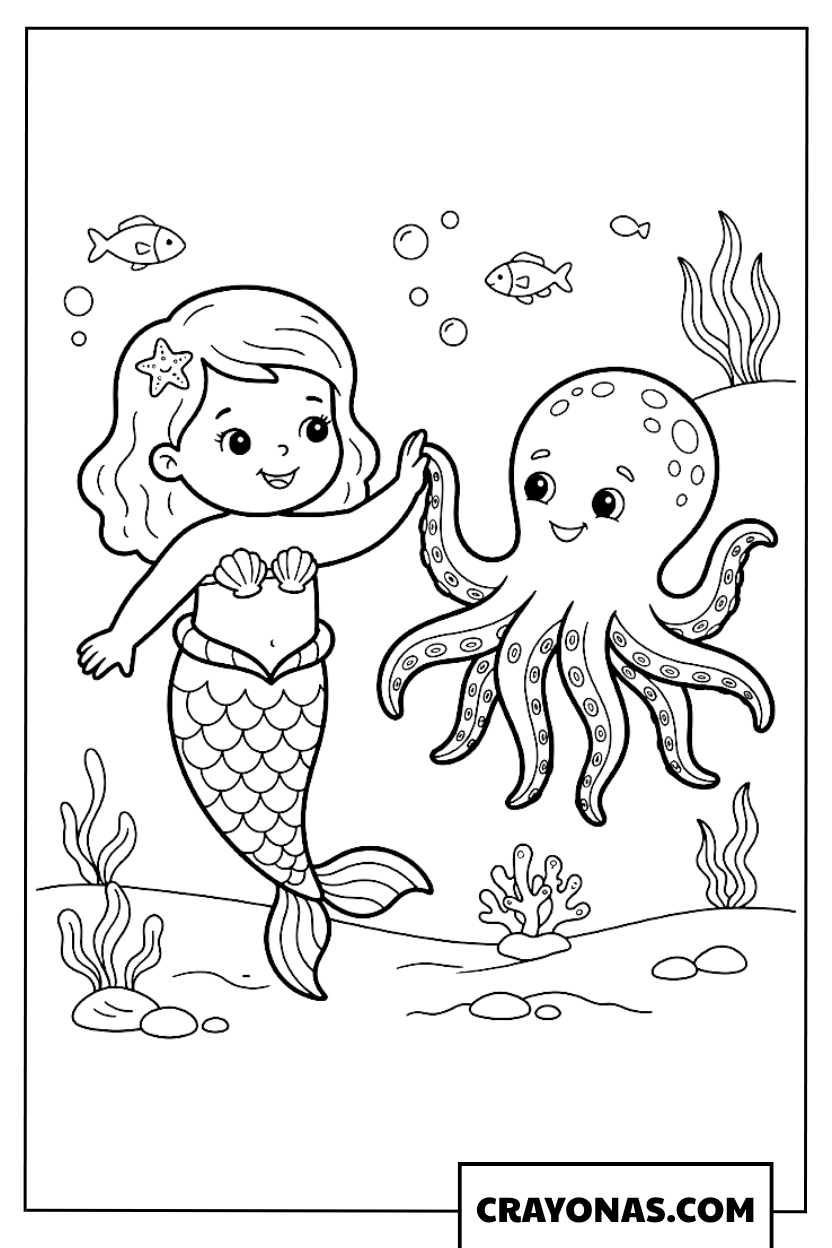 Baby Mermaid Hugging Octopus Coloring Page