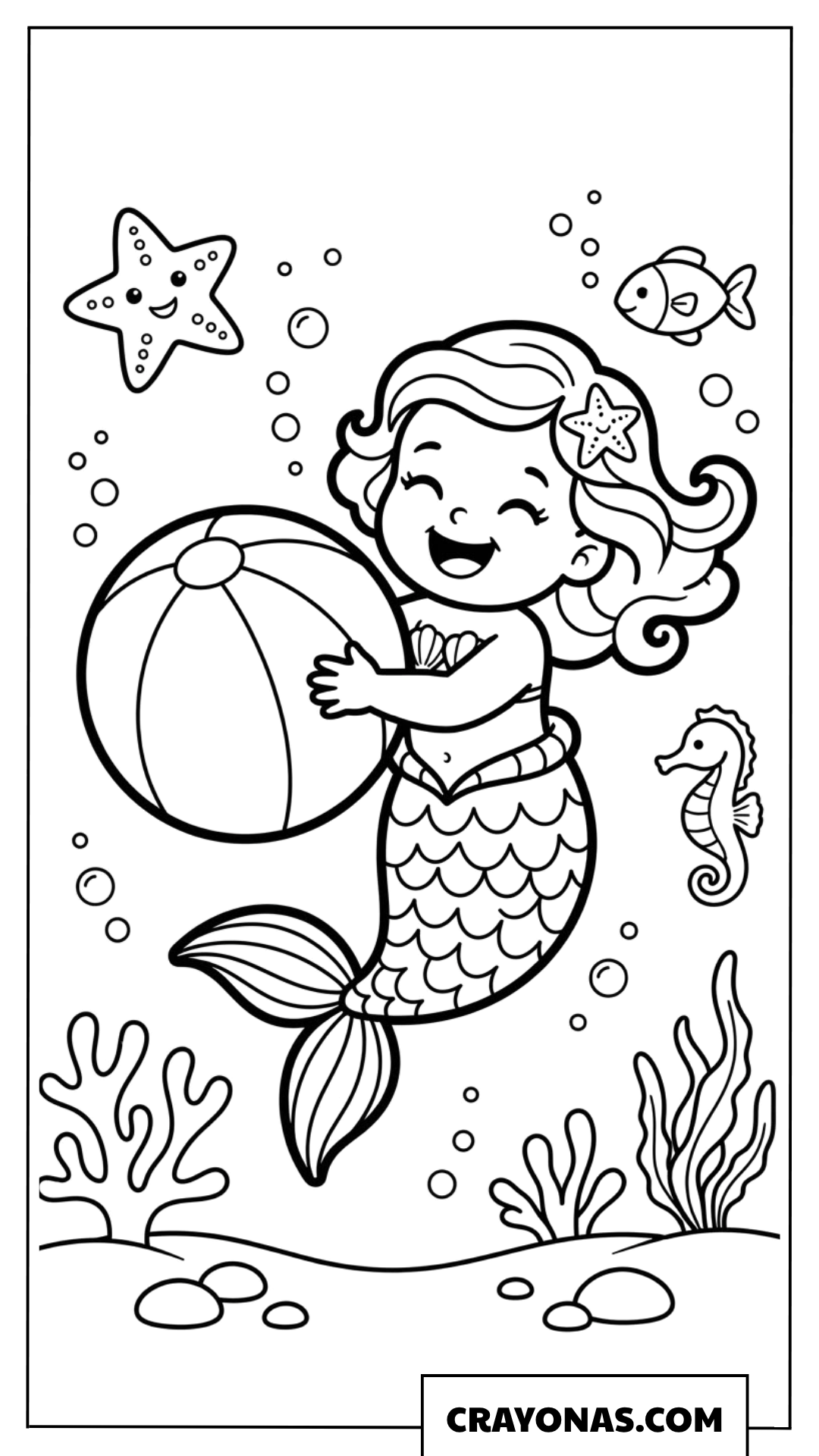 Baby Mermaid Playing with Beach Ball Coloring Page