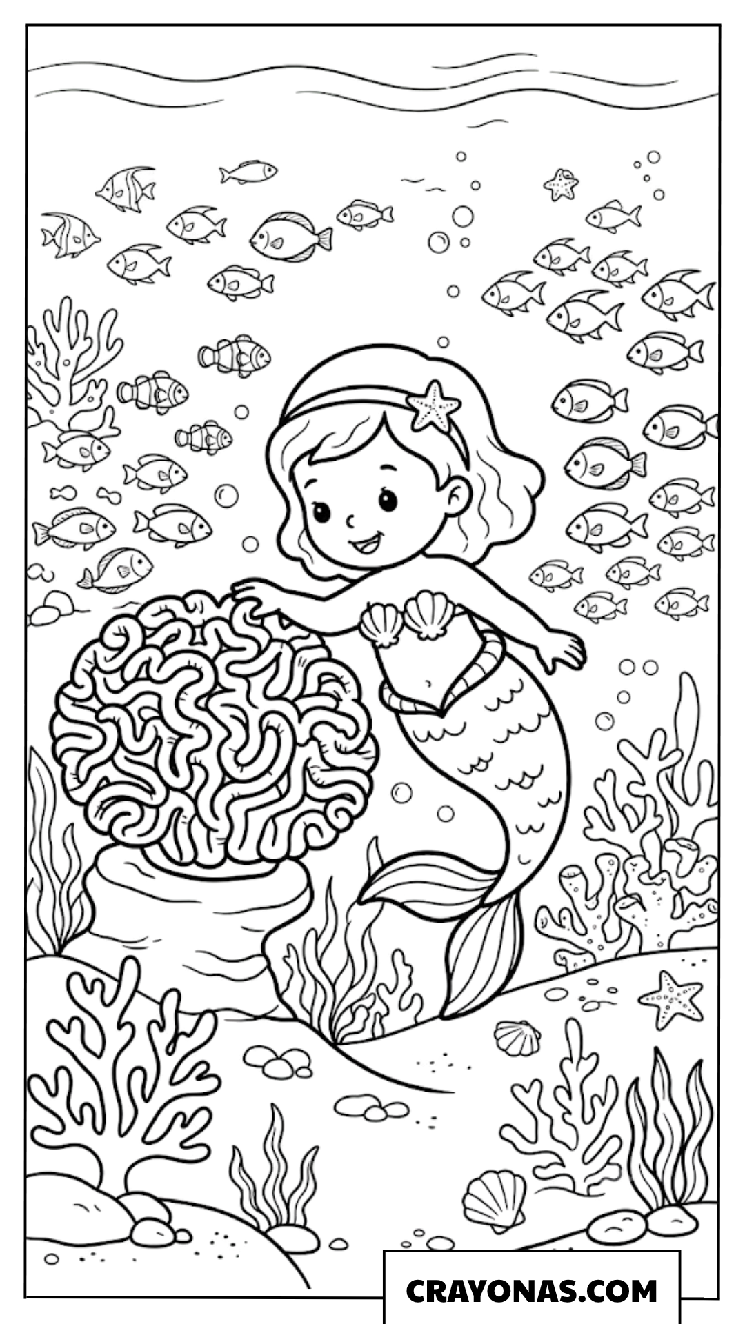 Baby Mermaid Playing with Brain Coral Coloring Page