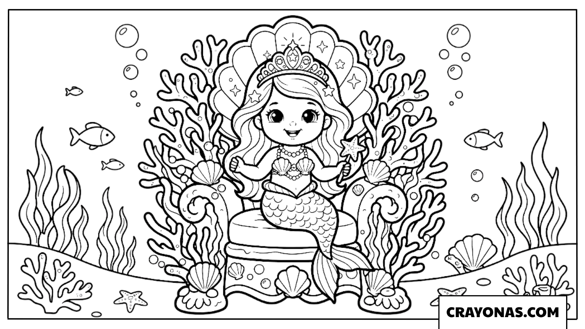 Baby Mermaid Princess in Coral Throne Coloring Page