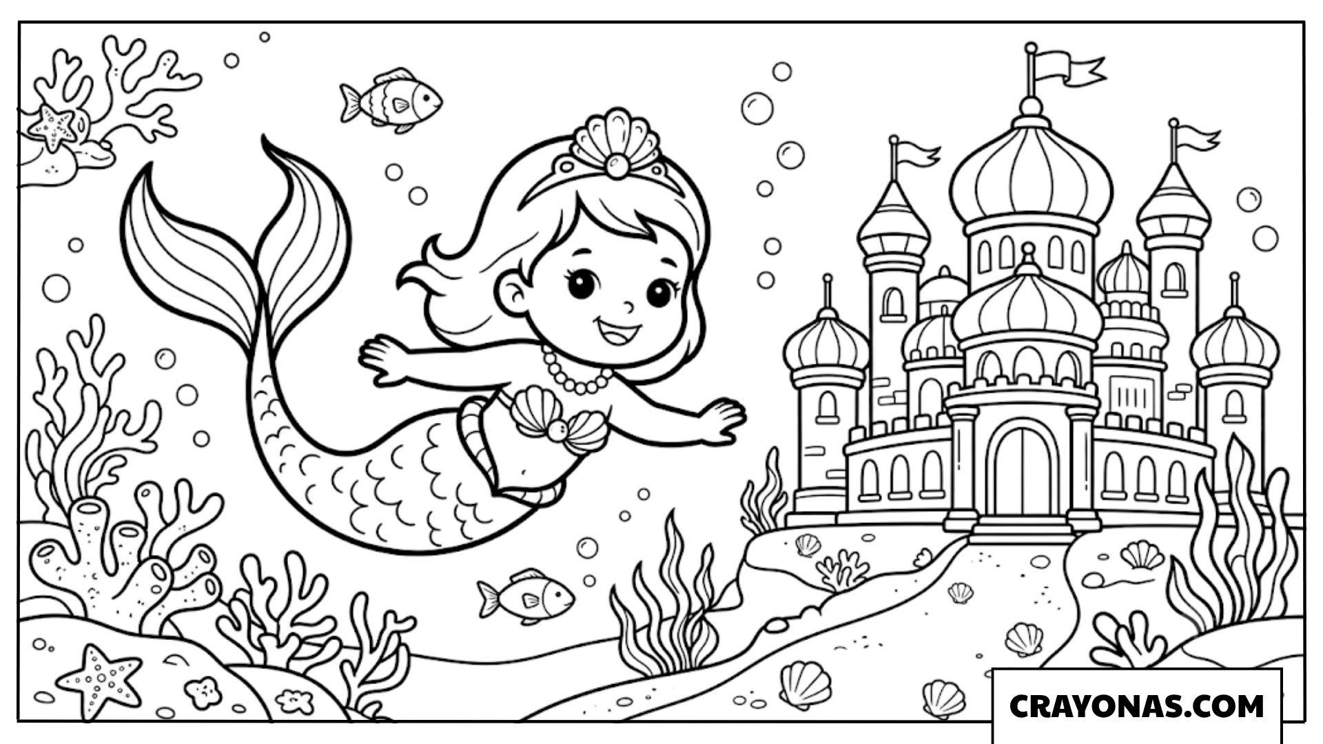 Baby Mermaid Princess with Crown Coloring Page