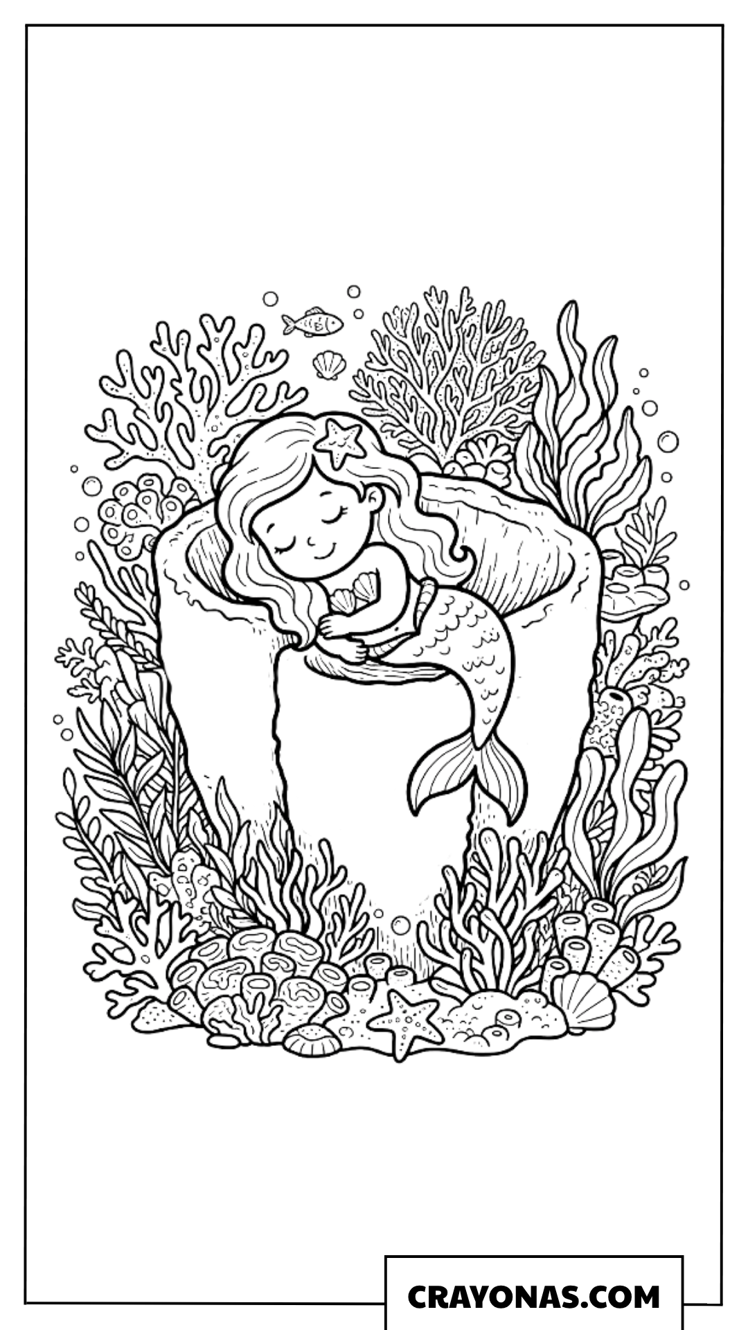 Baby Mermaid Resting on Coral Coloring Page