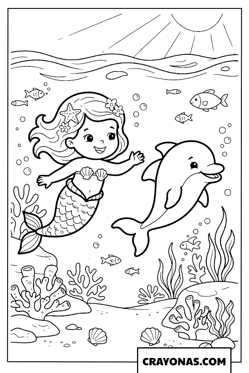 Baby Mermaid Swimming with Dolphin Coloring Page