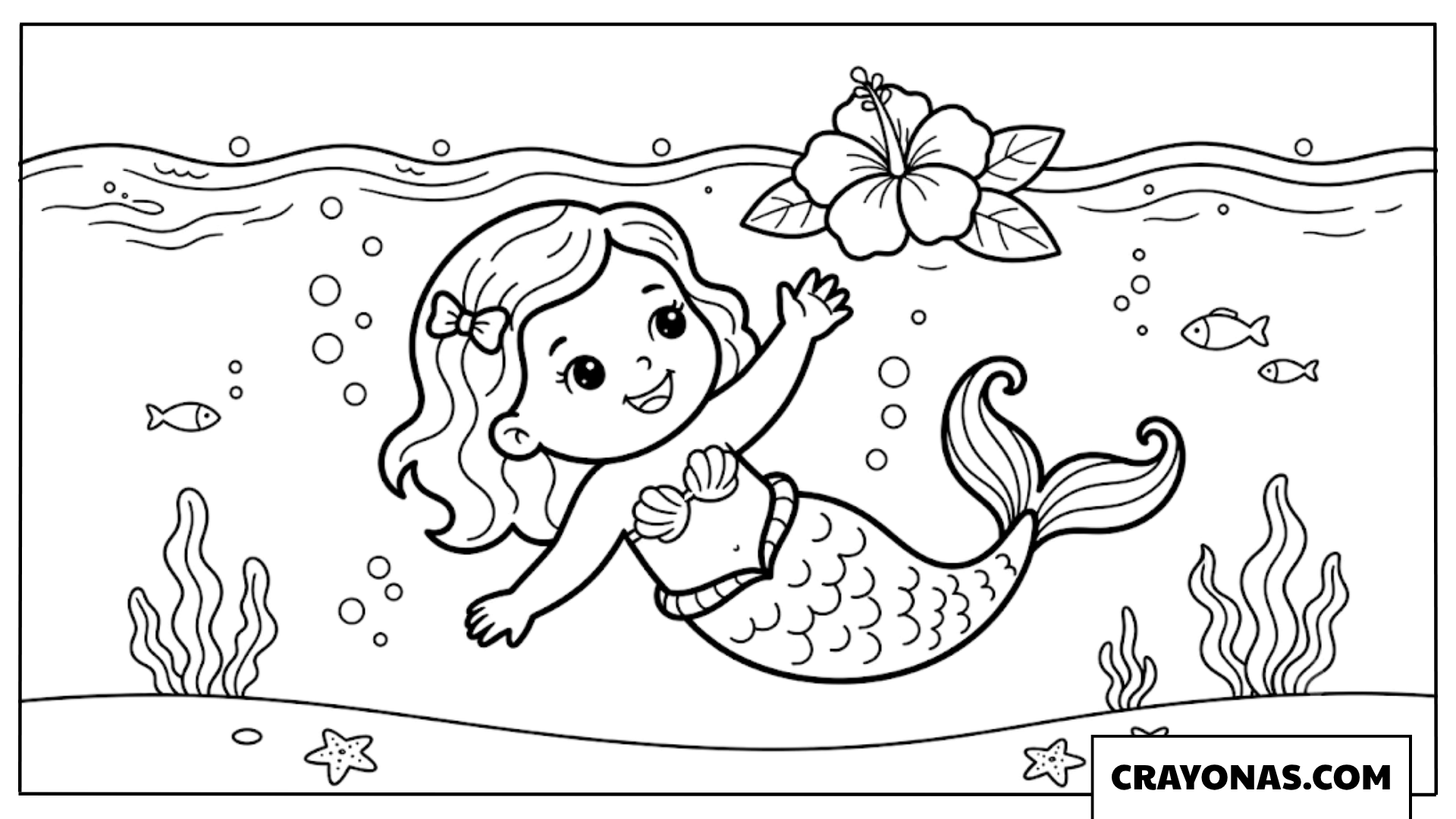 Baby Mermaid Swimming with Fish Coloring Page