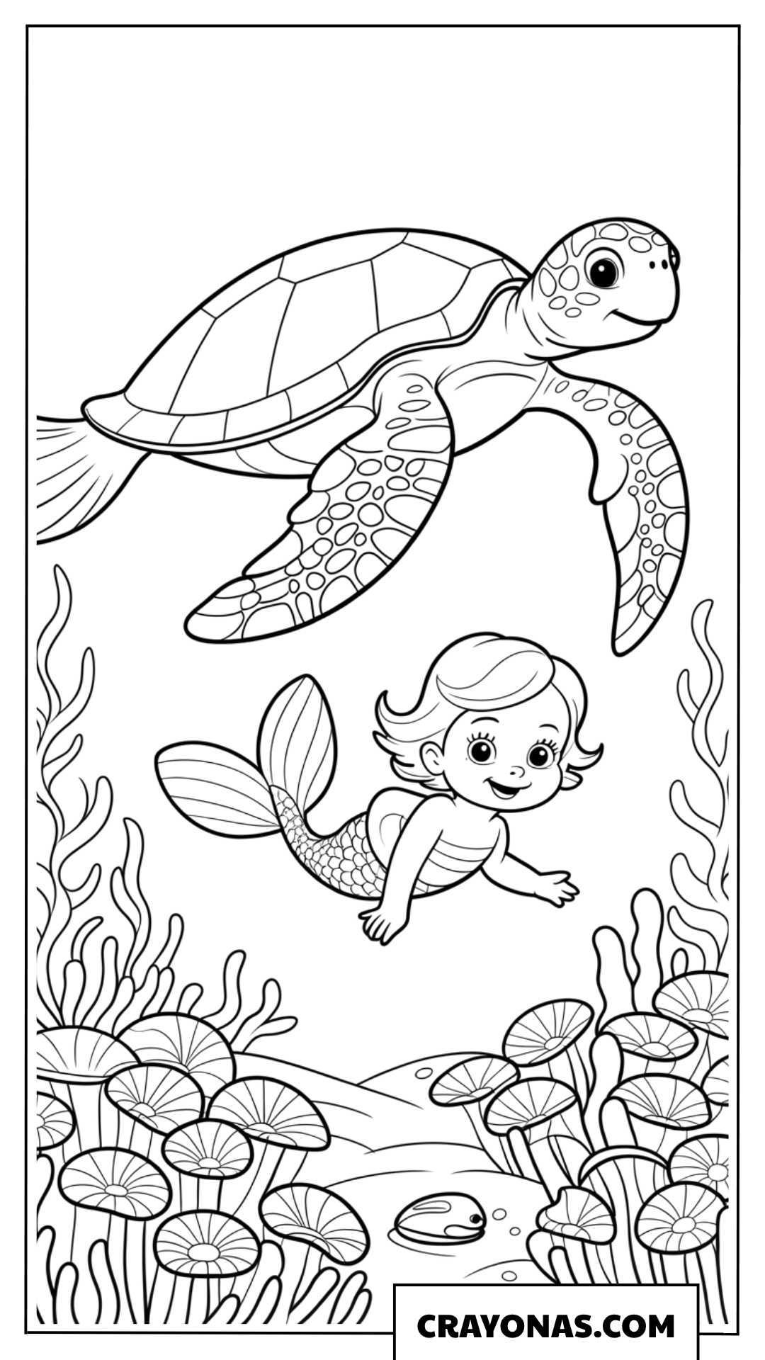 Baby Mermaid Swimming with Sea Turtle Coloring Page