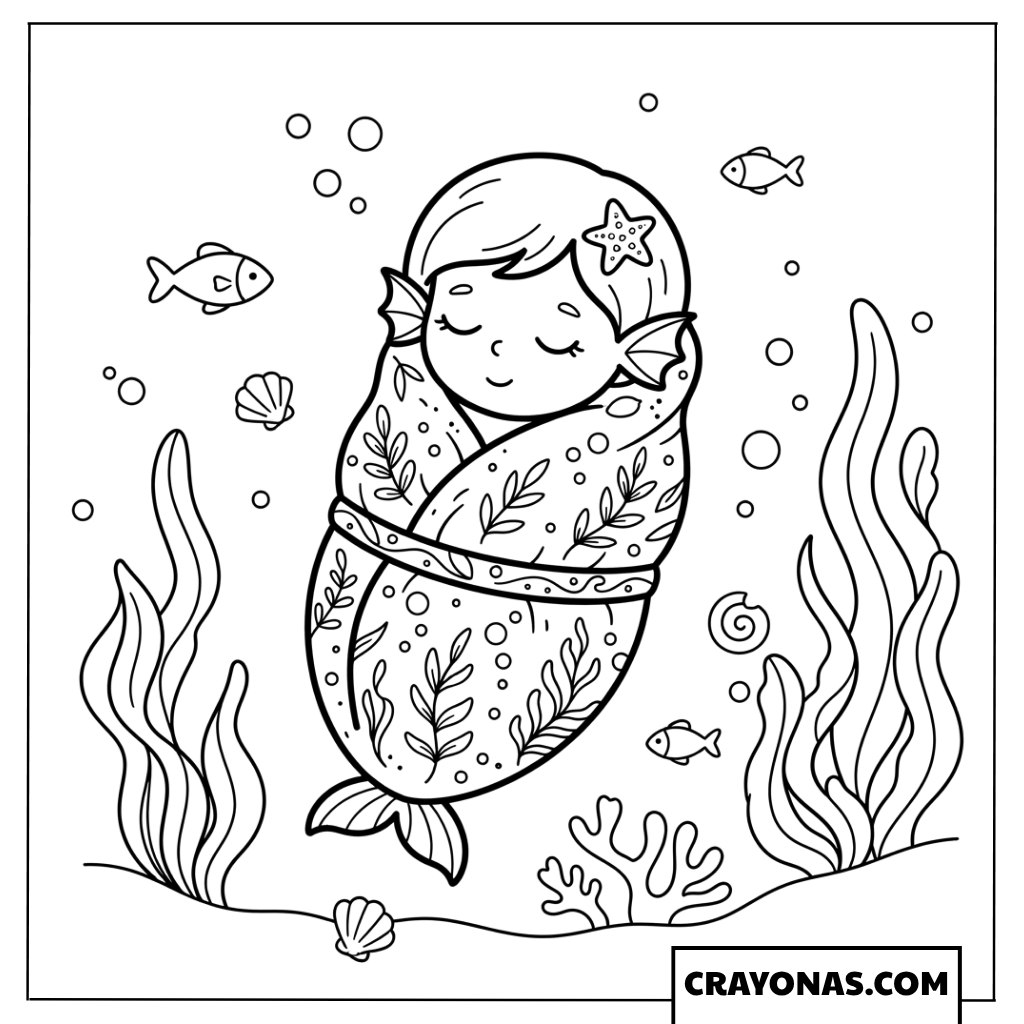 Baby Mermaid Wrapped in Seaweed Coloring Page