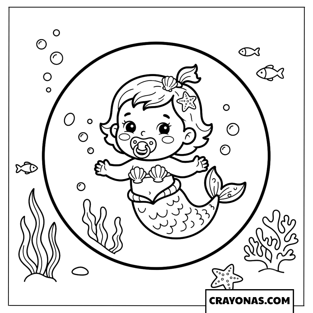 Baby Mermaid in Bubble Ring Coloring Page