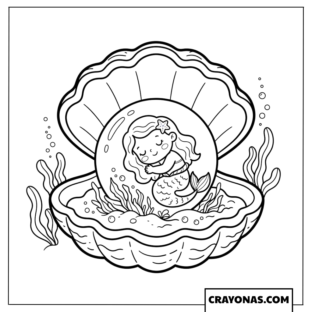 Baby Mermaid in Seashell Coloring Page