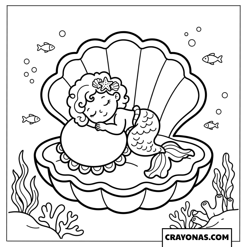 Baby Mermaid in Seashell Coloring Page