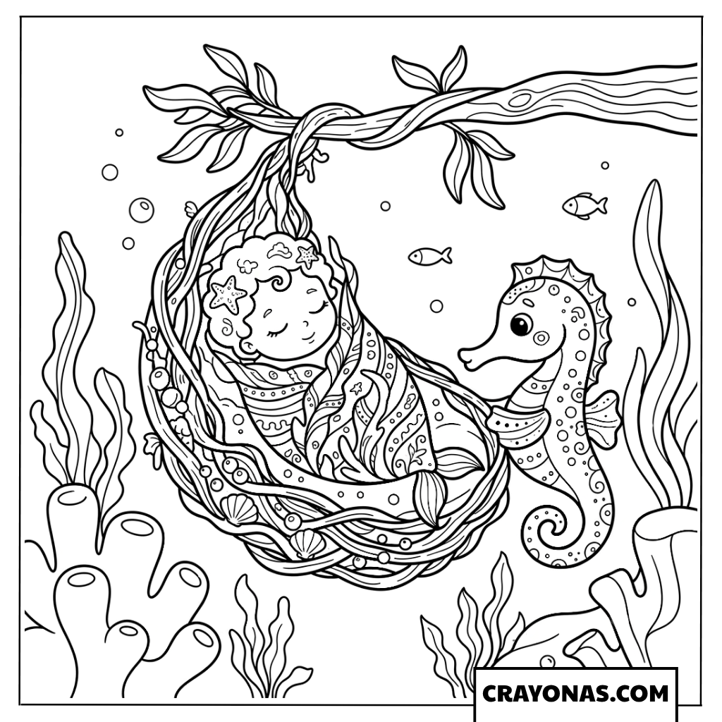 Baby Mermaid in Seaweed Hammock Coloring Page