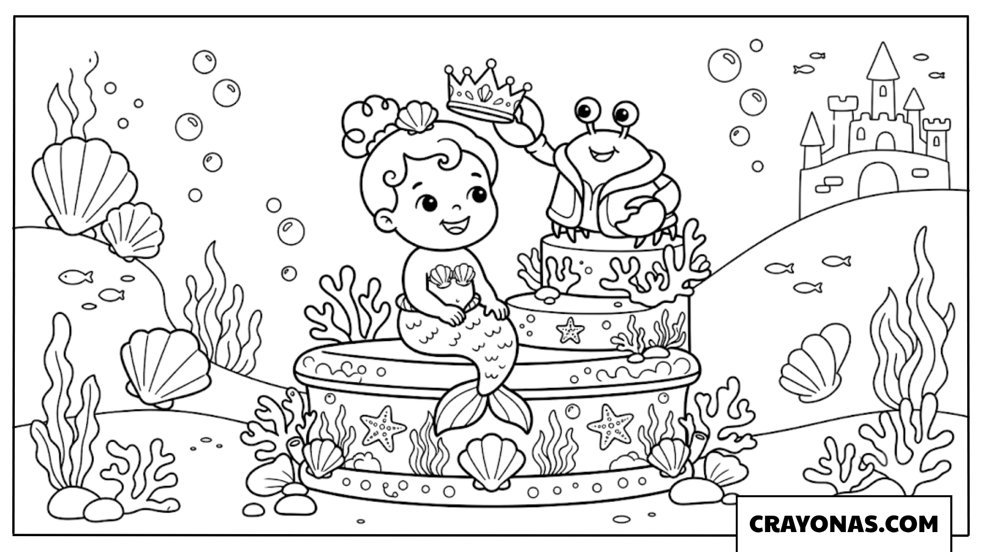 Baby Mermaid with Crab and Crown Coloring Page