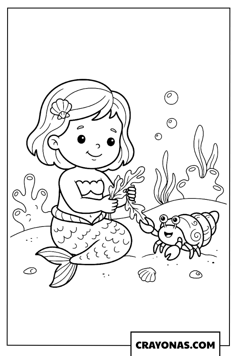 Baby Mermaid with Hermit Crab Coloring Page