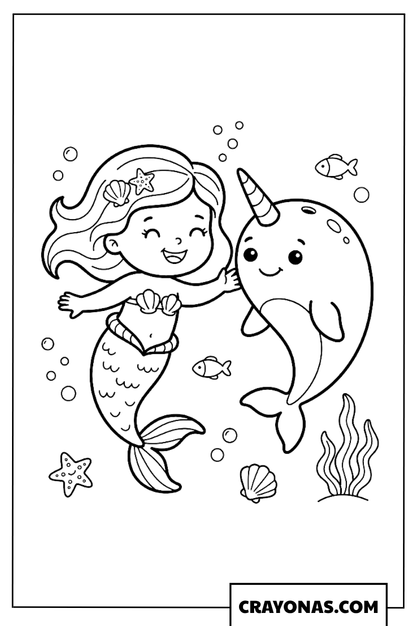 Baby Mermaid with Narwhal Coloring Page