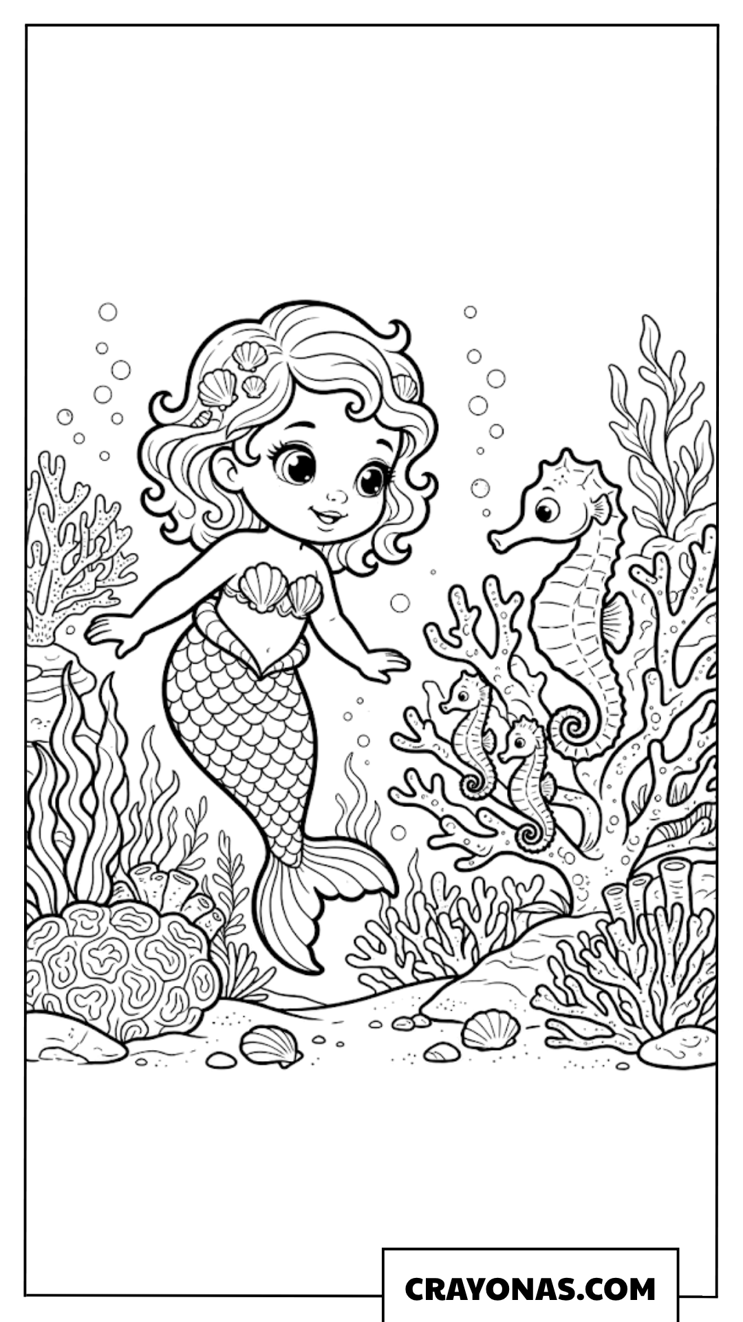 Baby Mermaid with Seahorse Coloring Page