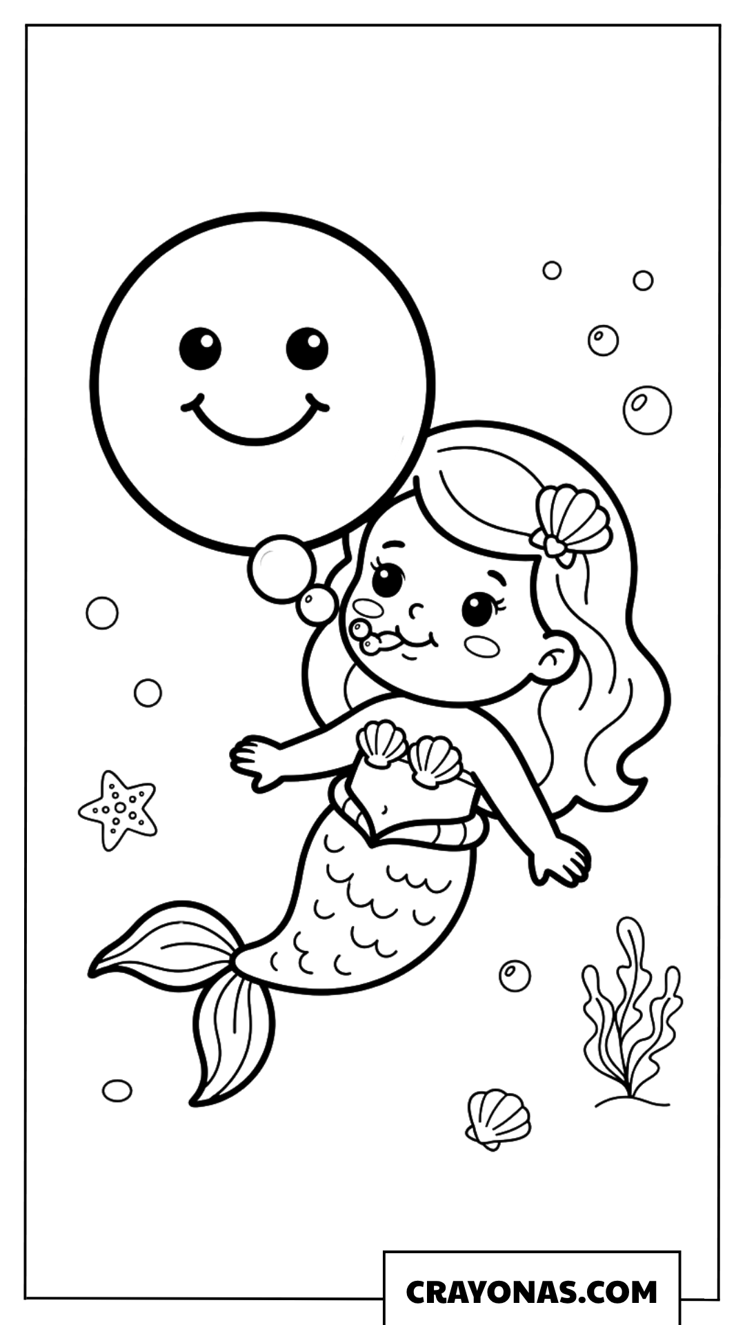 Baby Mermaid with Smiling Balloon Coloring Page